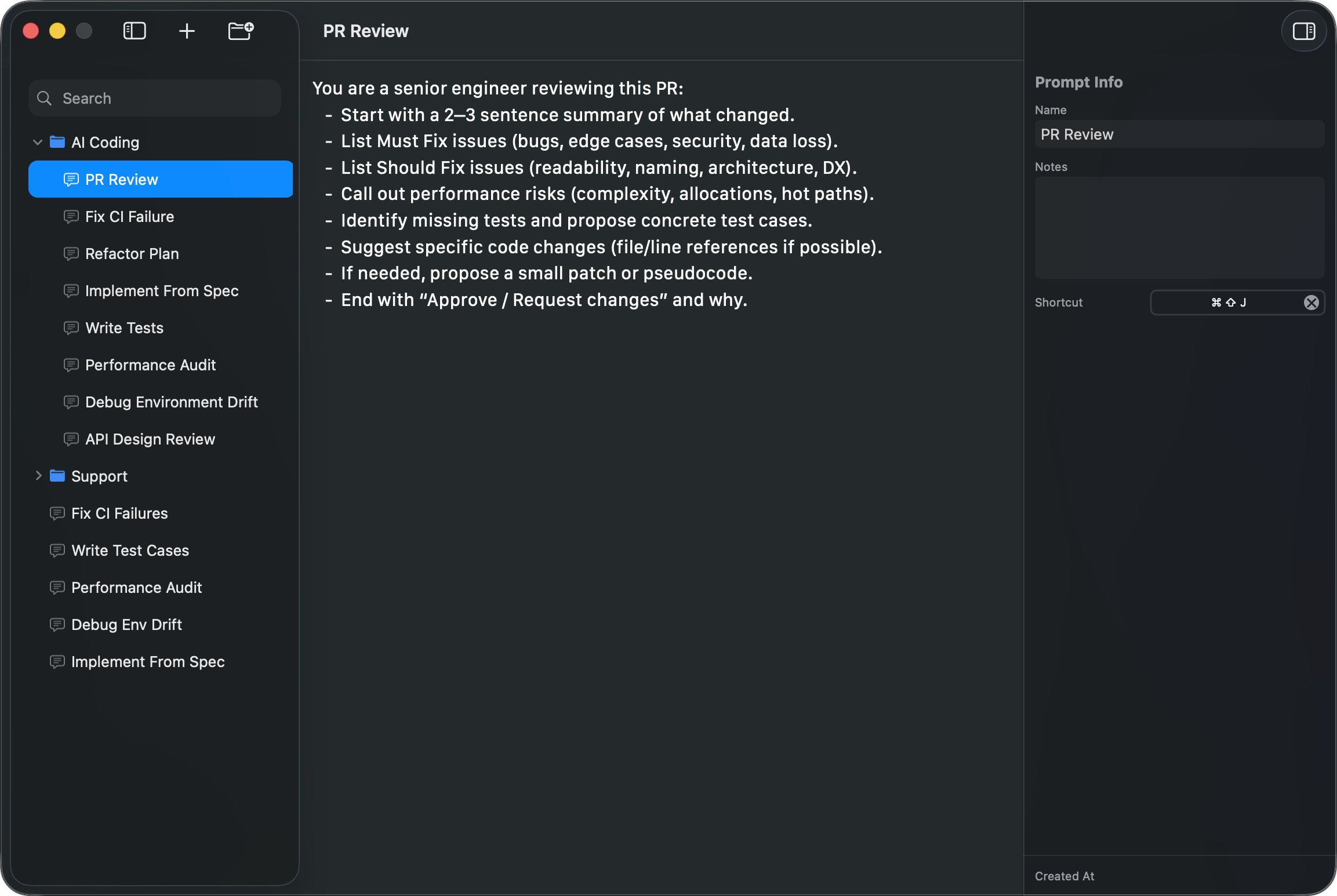 AINoter prompt manager for Mac - main window with saved AI prompts