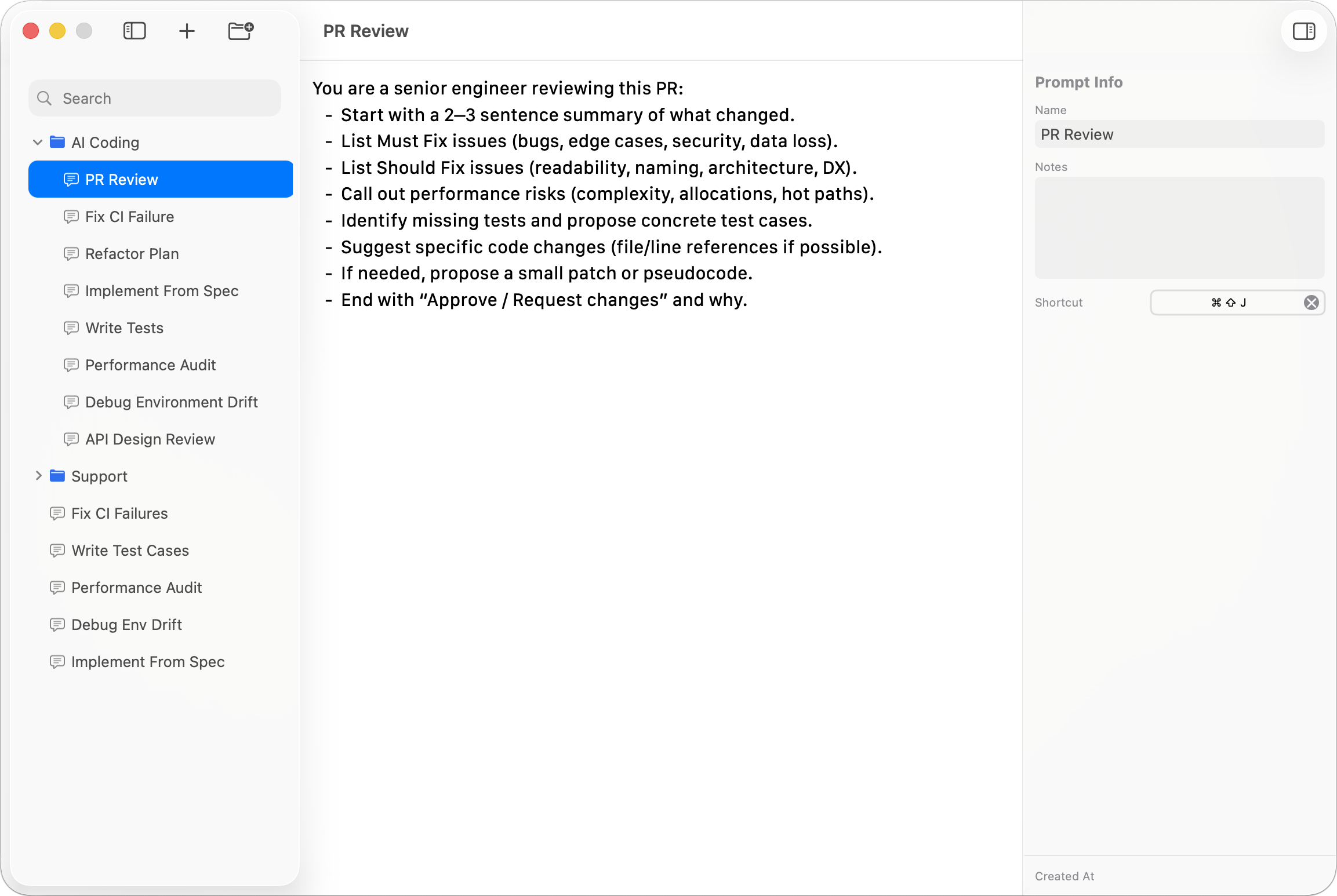 AINoter prompt manager for Mac - main window with saved AI prompts