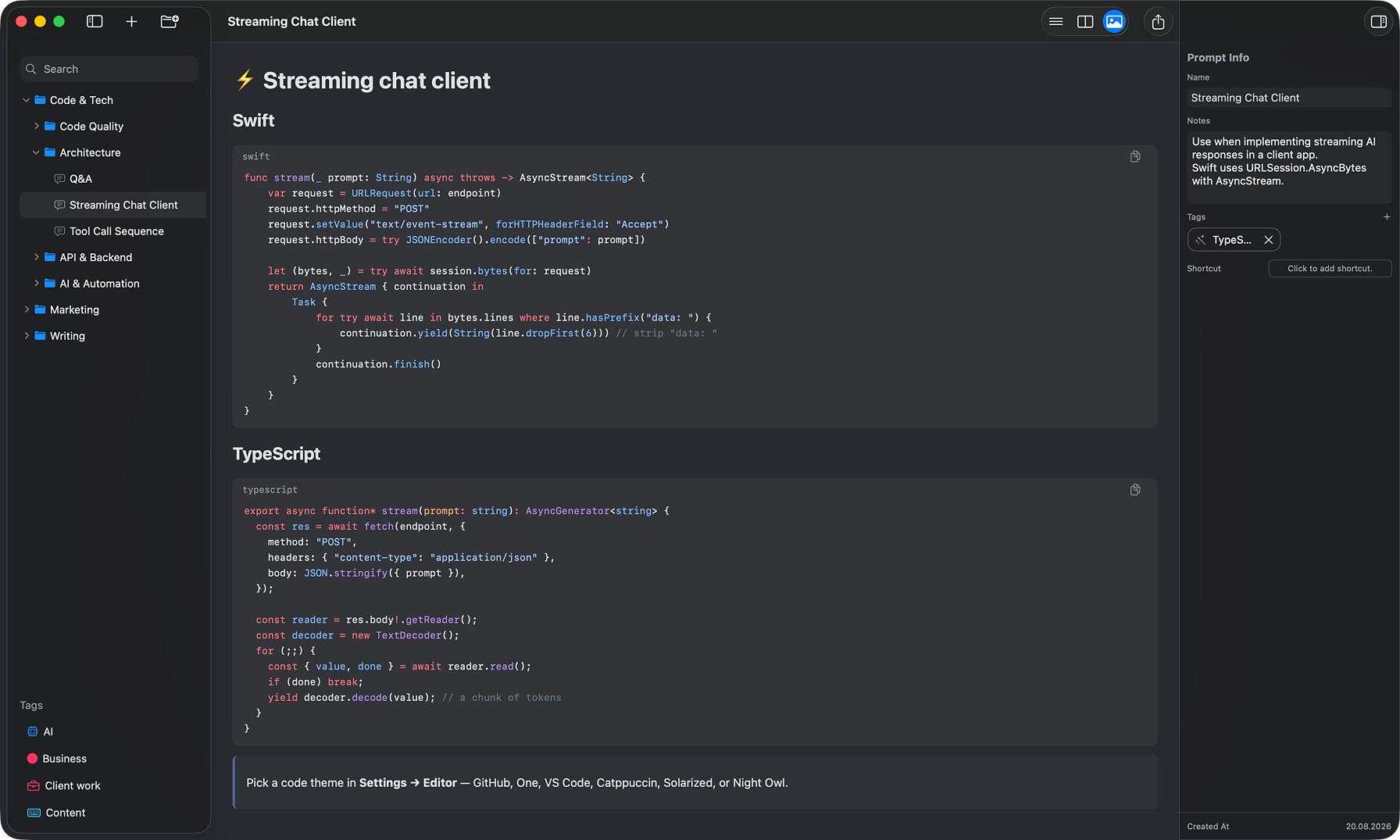 Code block with syntax highlighting and a selectable color theme