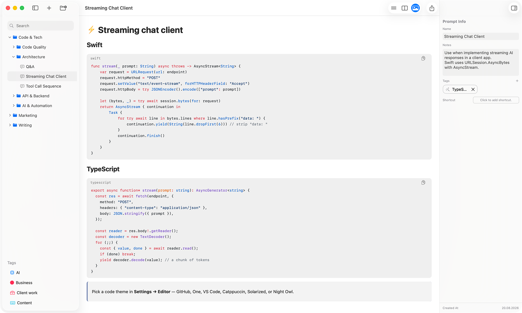 Code block with syntax highlighting and a selectable color theme
