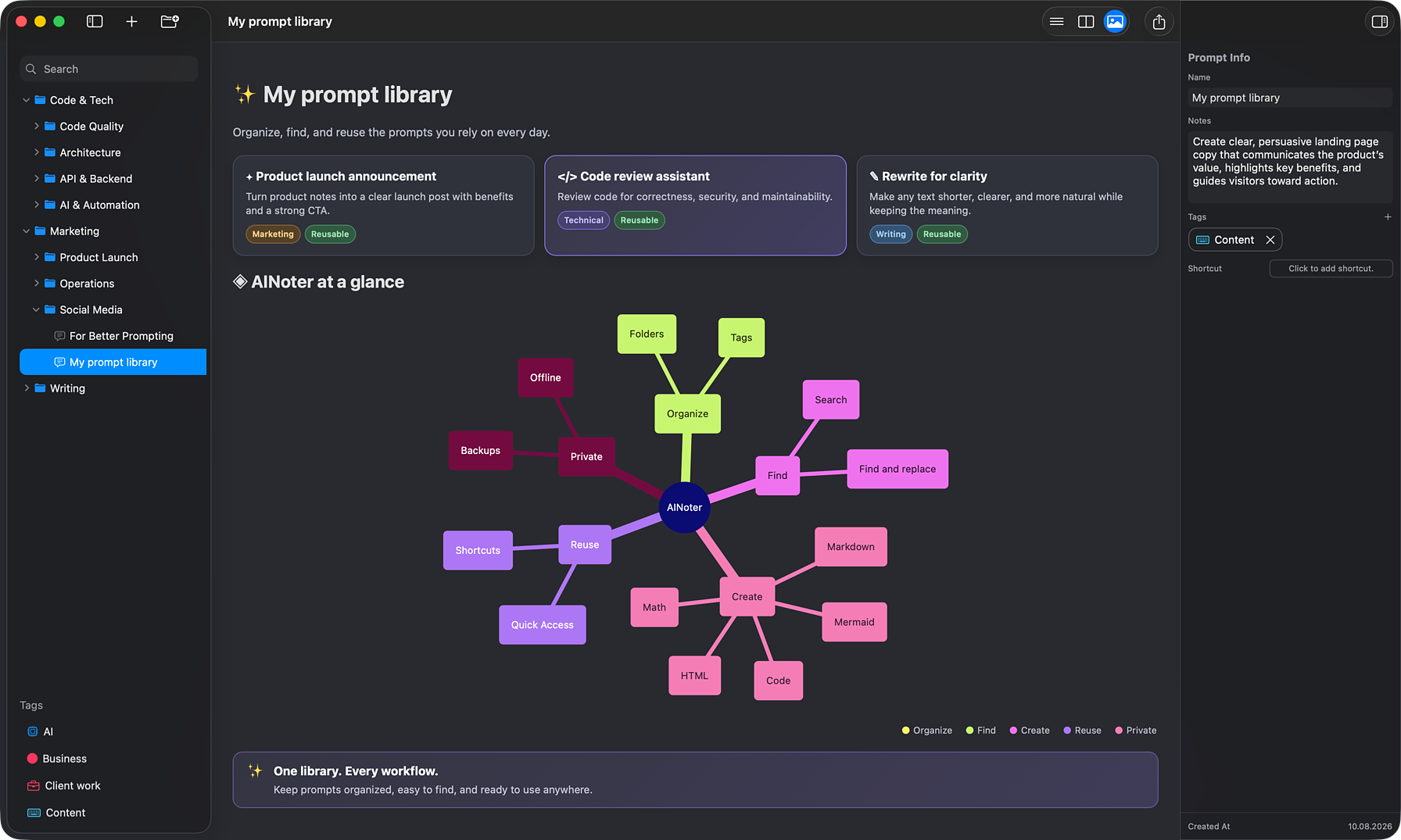 AINoter prompt manager for Mac - main window with saved AI prompts