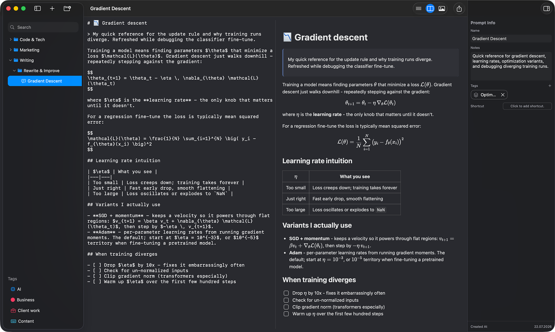 AINoter prompt editor with a prompt library and inspector