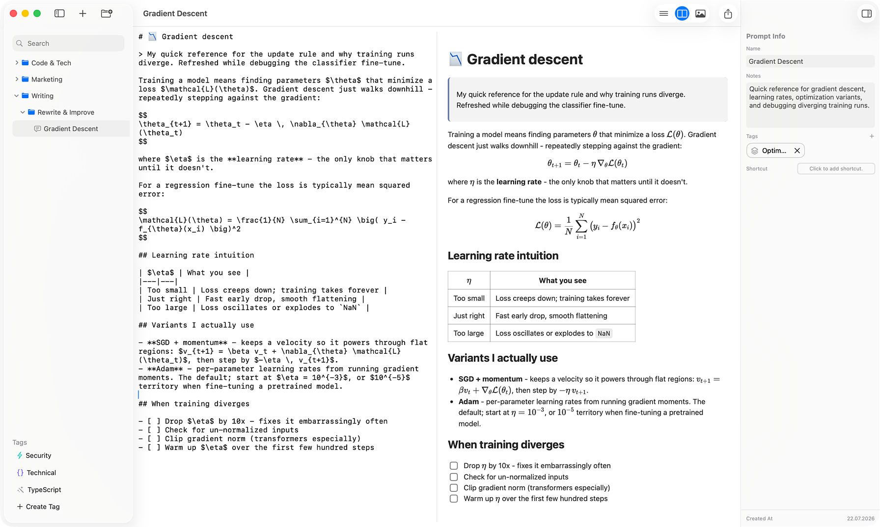 AINoter prompt editor with a prompt library and inspector